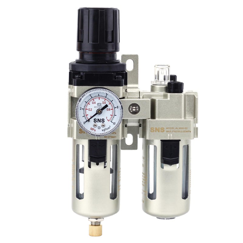 Sns فلتر منظم زيت الهواء المضغوط 1/4" NPT وحدتين مجموعة FRL فاصل ماء/زيت، تصريف شبه تلقائي، مقياس وحامل، وعاء بولي مع واقي معدني AC3010-N02A - Image 1